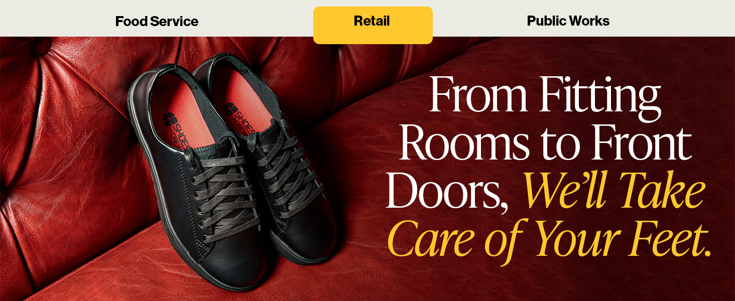 Sneakers in a retail setting with text saying we will take care of your feet