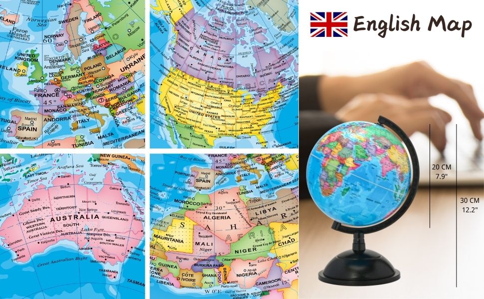 Text reads: 'English Map'. Collection of world map images showing various geographical regions, includes magnifying glass examining map details.