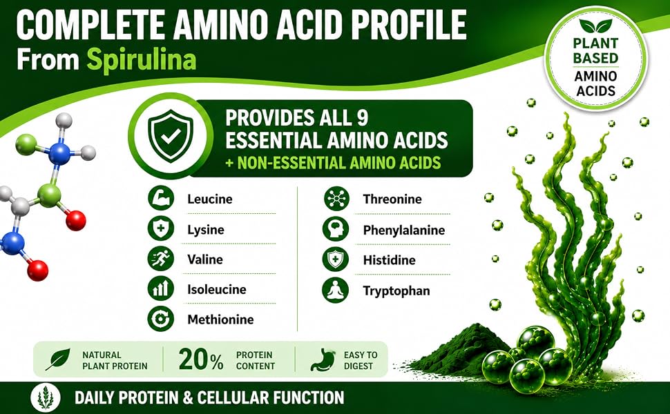Spirulina chlorella with essential amino acids and plant-based protein