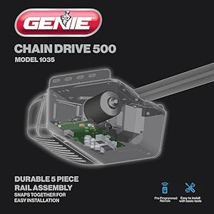 Durable motor and 5 piece rail chain drive 500 garage door opener