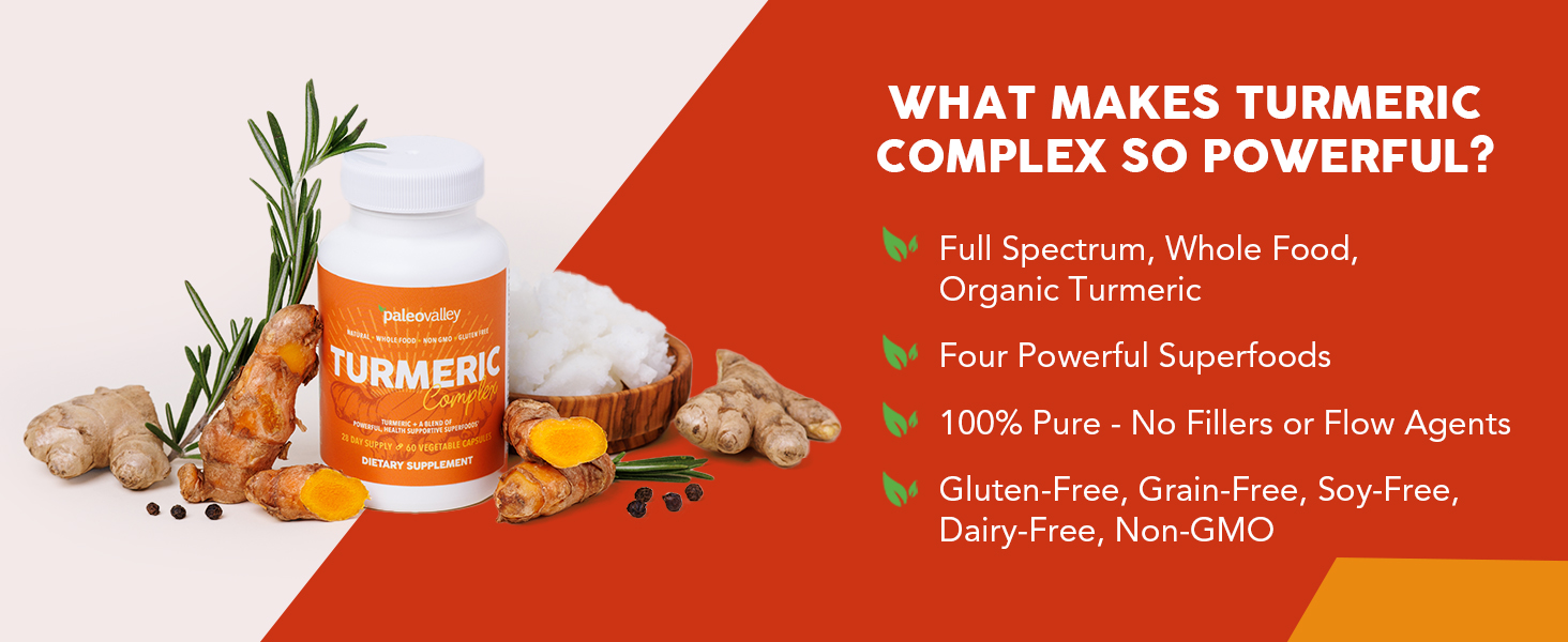 Paleovalley turmeric capsules full spectrum superfood joint muscles digestion inflammation memory