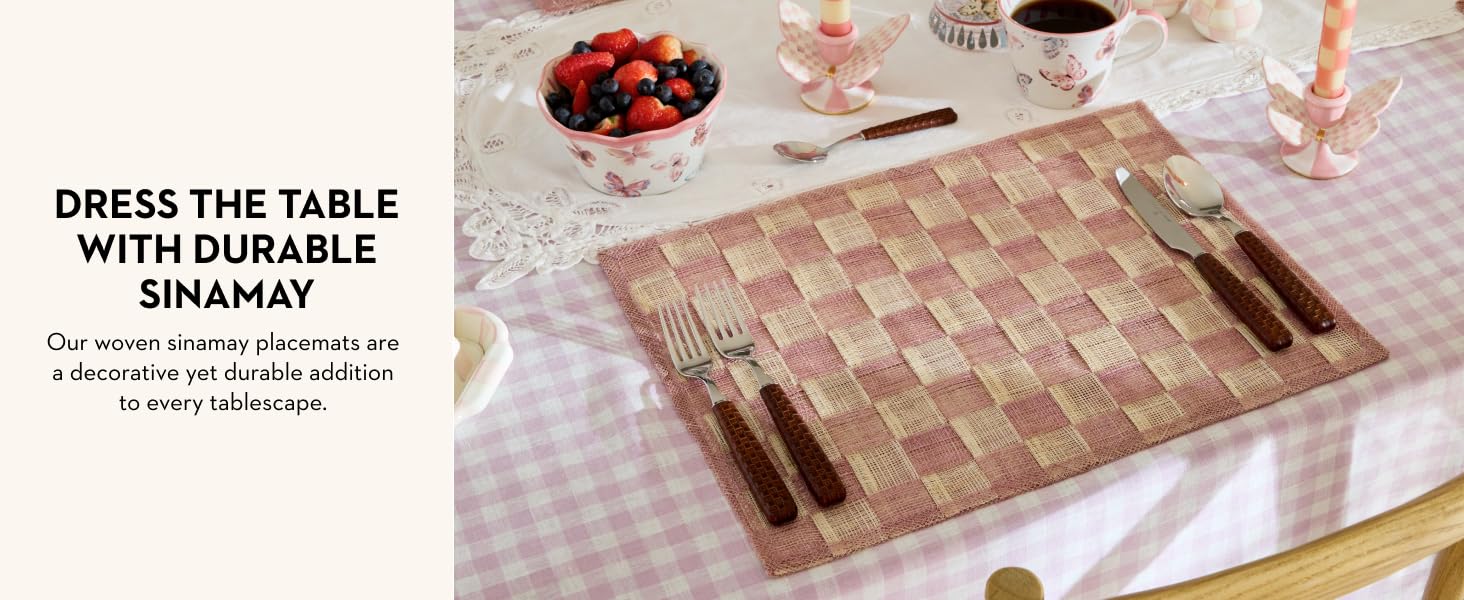 Hand woven sinamay placemats in various check colors.
