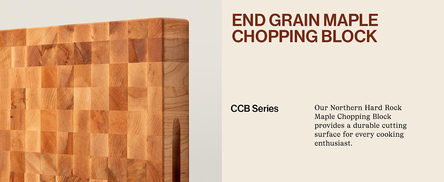 Cutting board rounded edge close-up. Text: Edge Grain Maple Chopping Block