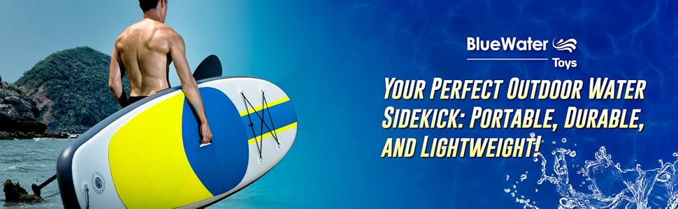adult male carrying an inflatable paddle board from blue water toys