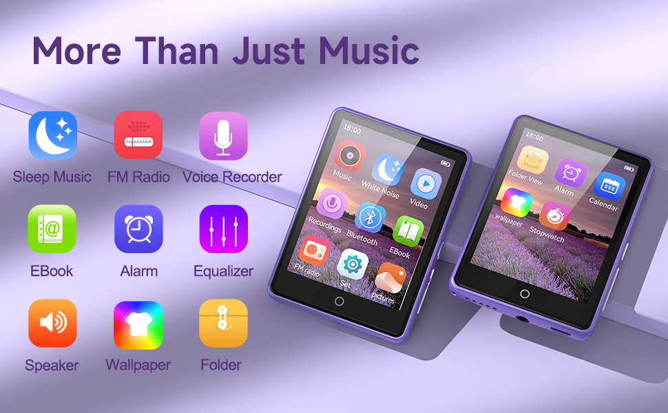 MP3 Player with Bluetooth Speaker White Noise Touchscreen FM Radio Voice Recorder Resume Playback