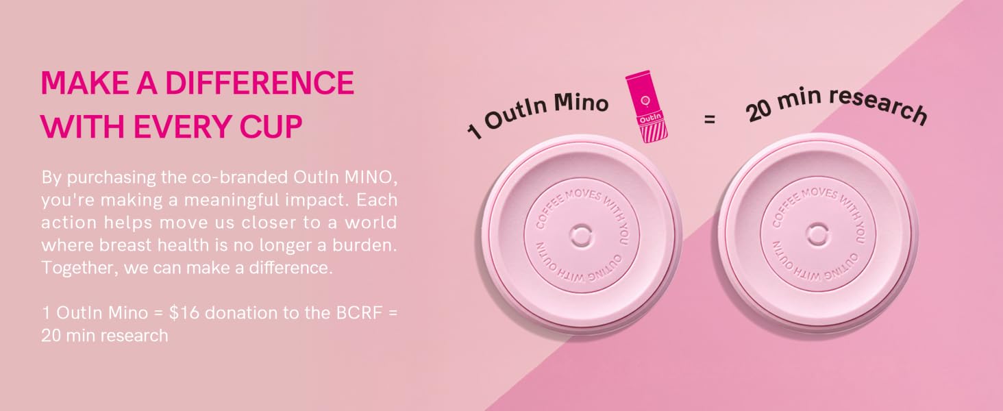 Text reads 'MAKE A DIFFERENCE WITH EVERY CUP'. Pink circular diagram showing measurements '1 Double Minis' and '30 min relaxation' with explanatory text.