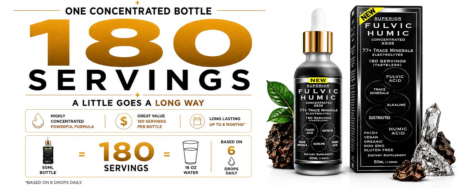 Fulvic humic acid drops with 180 servings per bottle and 77+ trace minerals and electrolytes