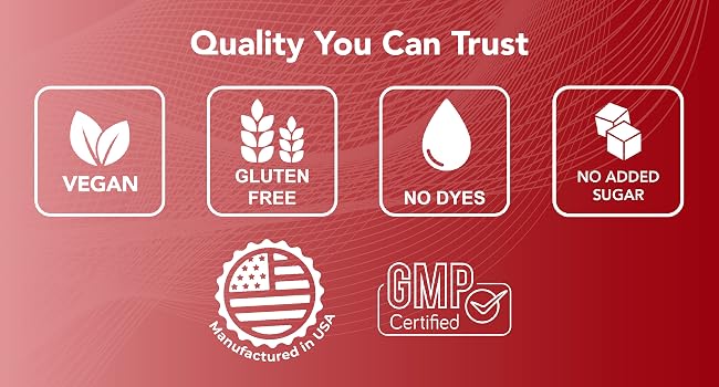Vegan, gluten-free, dye-free, No added sugar, manufactured in the USA, GMP Certified