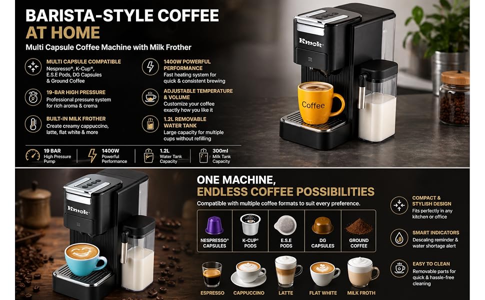 Black compact coffee maker with transparent water reservoir and milk frother attachment