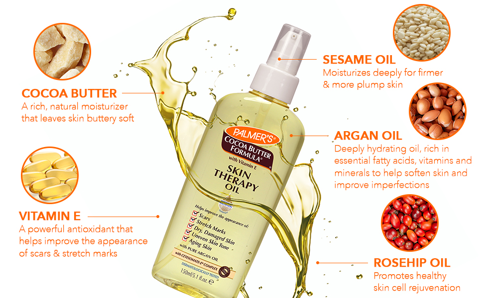 Skin Therapy Oil ingredients: Cocoa Butter Sesame Oil Argan Oil Rosehip Oil Vitamin E