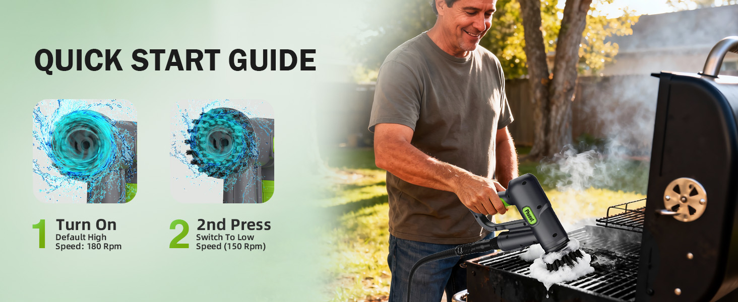 Phueut Electric Spin Scrubber Quick Start Guide 2-Speed 180-150Rpm for Grill Cleaning