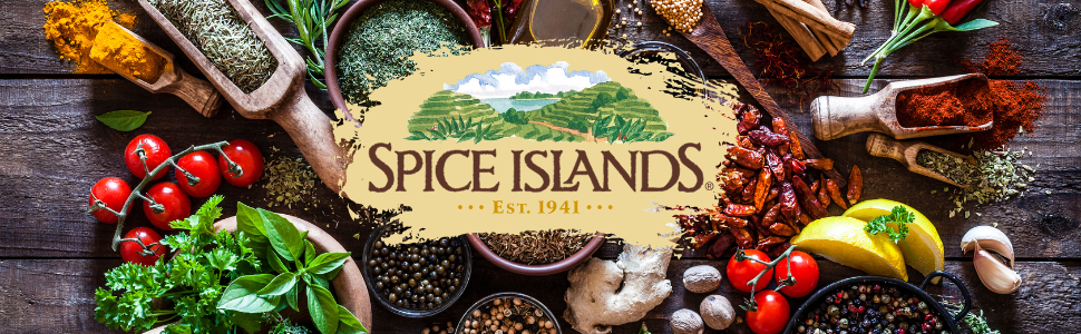 Spice islands logo on background of fresh and dried spices and herbs