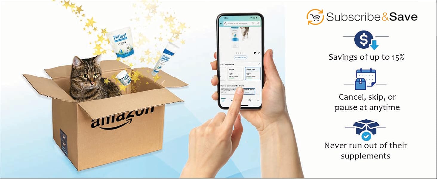 Amazon Subscribe&amp;amp;Save ad for cat supplements with up to 15% off, flexible delivery, and no runouts.