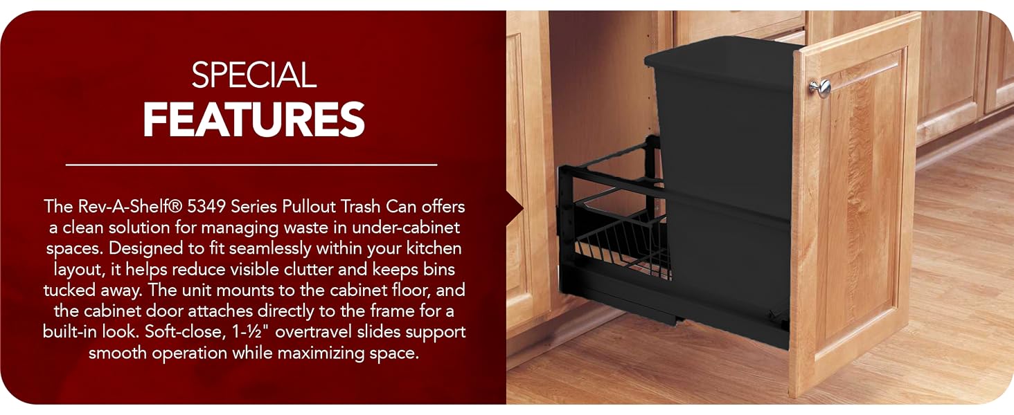 A single black waste bin slides out under the counter. Text reads: Special Features.