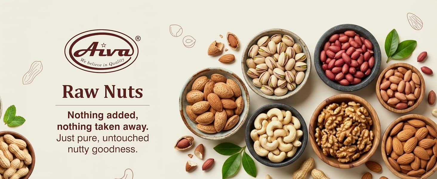 Aiva raw nuts banner with almonds, cashews, pistachios, peanuts, and walnuts.