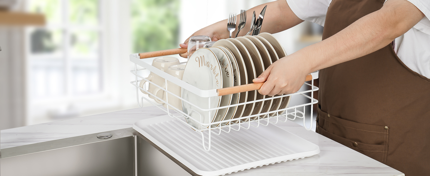 Modern Wood Handle Dish Rack and Drain Board, Attom Tech Home