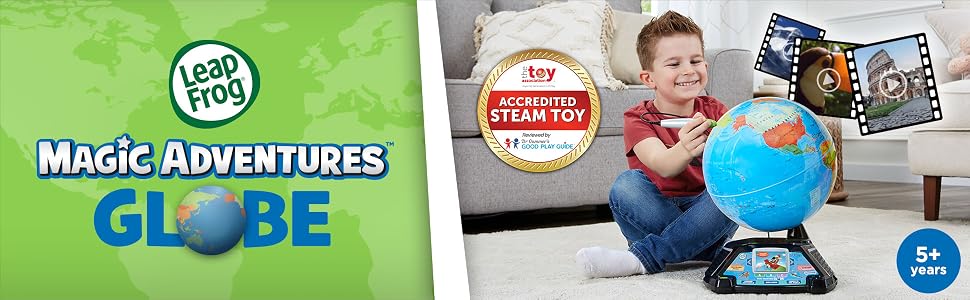 Kid learns from videos on Accredited STEAM TOY LeapFrog Magic Adventures Globe. 5+ years.