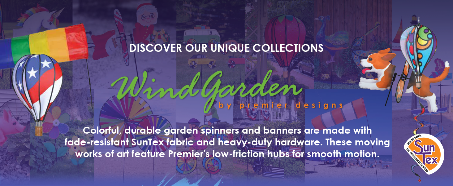 WindGarden spinners, SunTex fabric, fade-resistant garden decor, smooth-motion wind spinners