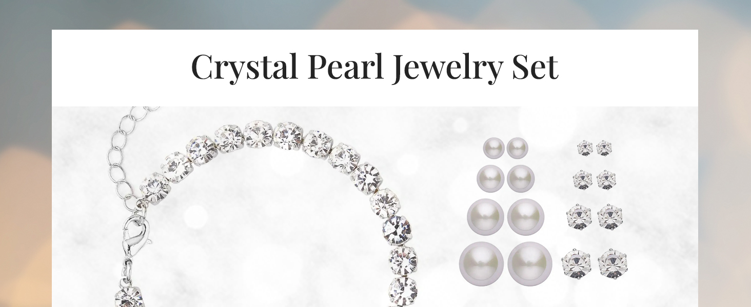 9pcs Crystal Pearl Jewelry Set - 4pcs Shell Pearl Earrings, Crystal Earrings Crystal Tennis Bracelet