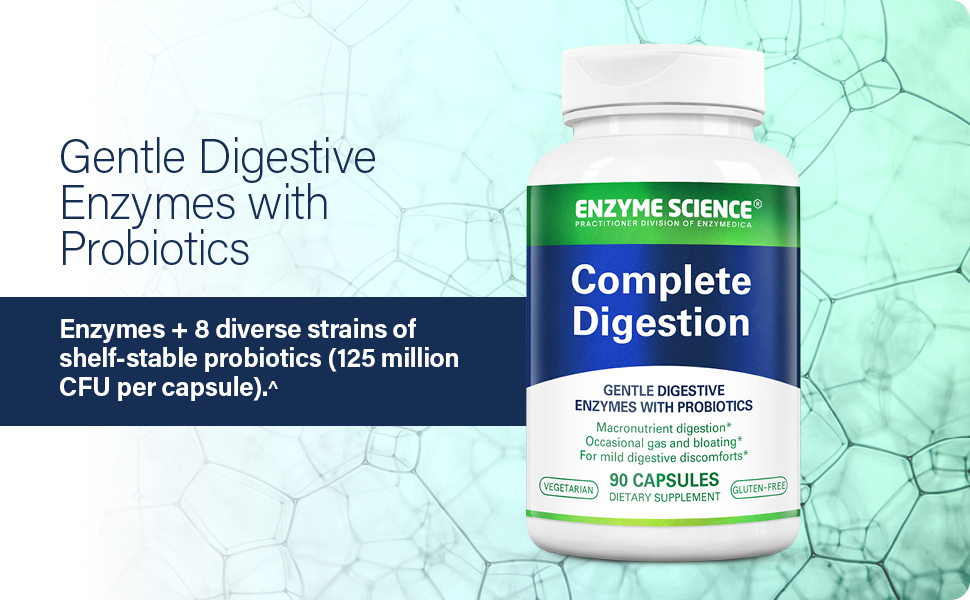 Gentle digestive enzymes with probiotics. Enzymes + 8 diverse strains of shelf-stable probiotics
