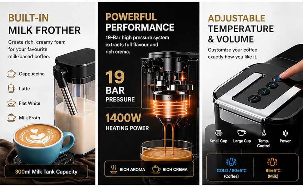 Black compact coffee maker with transparent water reservoir and milk frother attachment