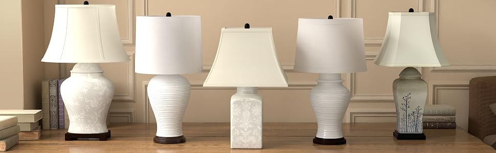 5 white porcelain lamps, in styles ranging from classical to modern and boho