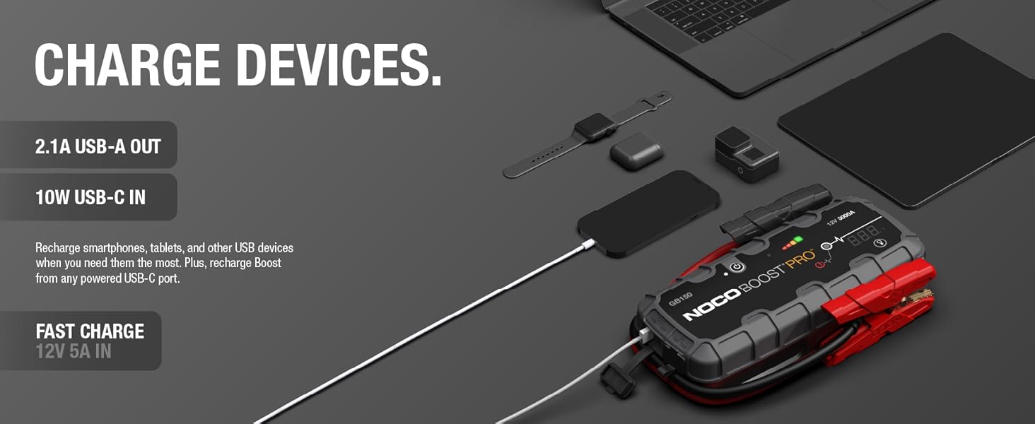 Charge devices. 2.1A USB in and out charging for any mobile devices.