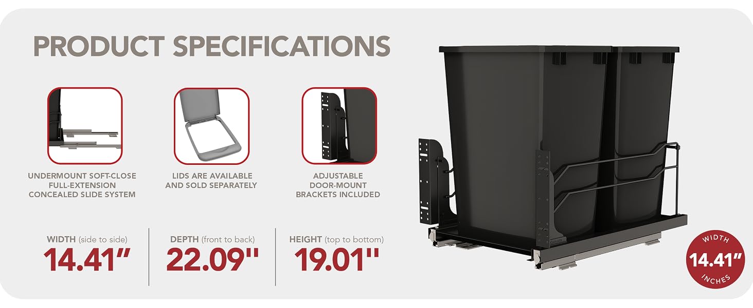 Waste container dimensions and features with product diagrams.