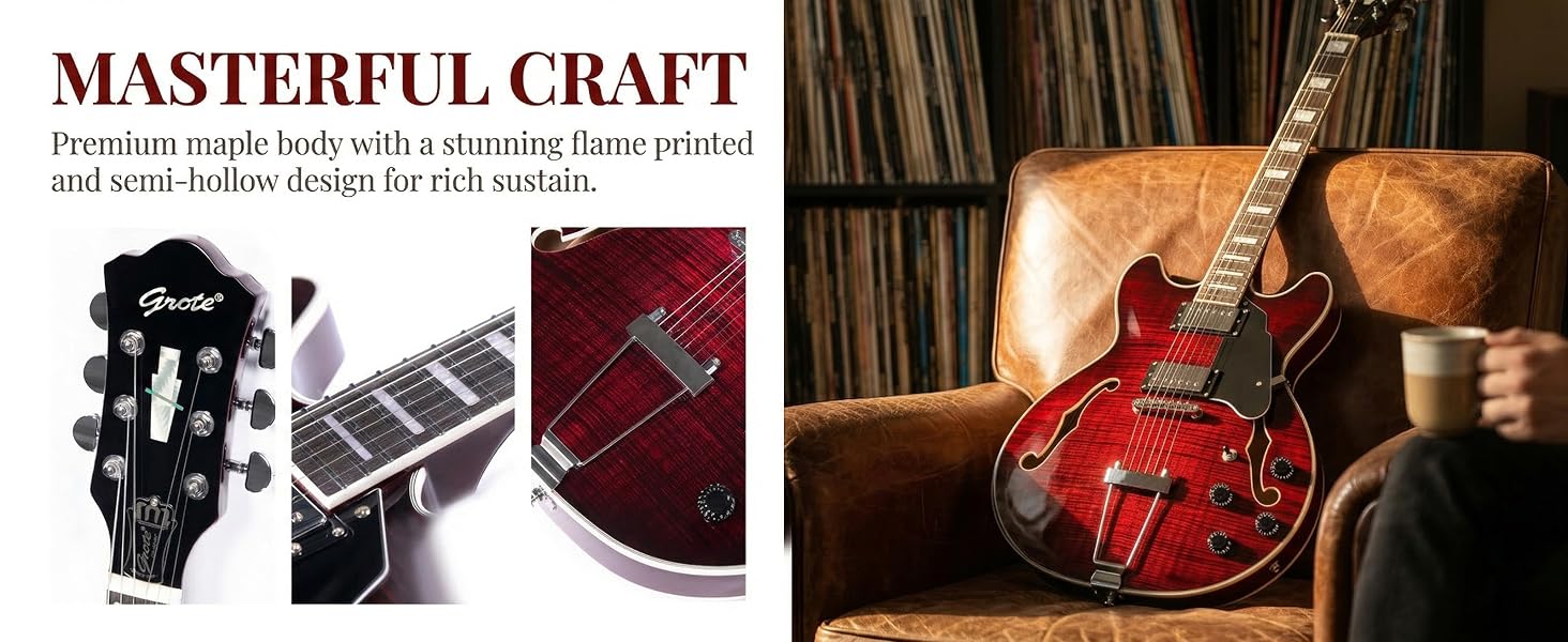 GROTE Jazz Electric Guitar Semi-Hollow Body Trapeze Tailpiece Bridge Guitar Gig Bag