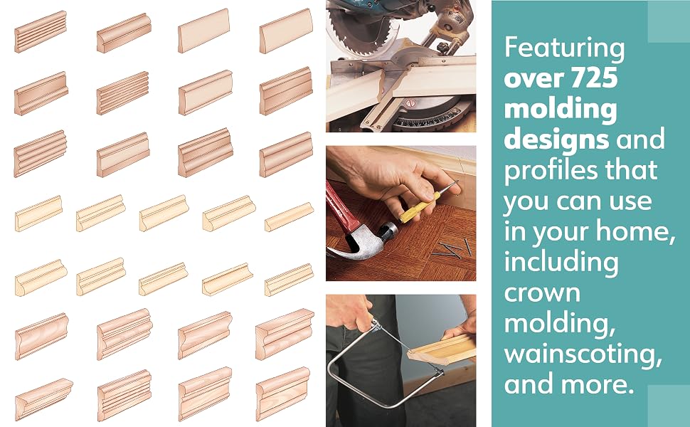Photo examples of different types of wood trim and molding, and photos of tools used to cut trim.