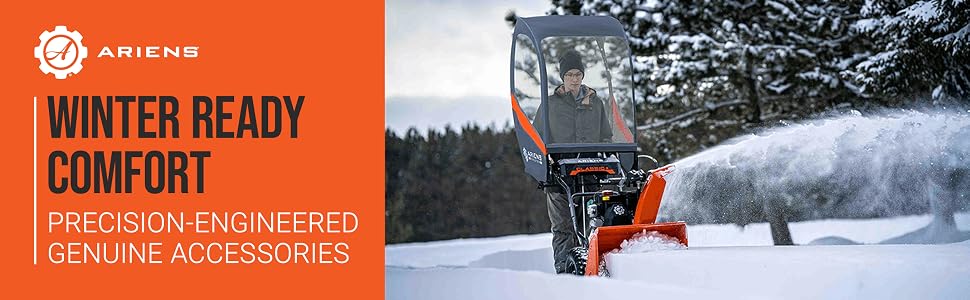A man clearing a path using a snowblower. Text Reads: Ariens Winter Ready Comfort.