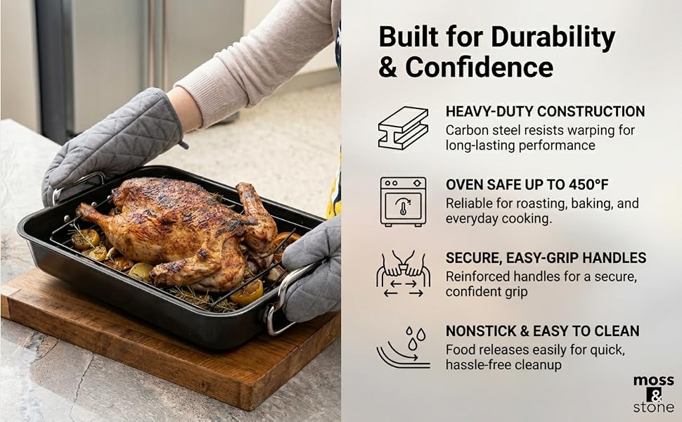 Hands removing roasted chicken from roasting pan with rack, showing sturdy and durable design