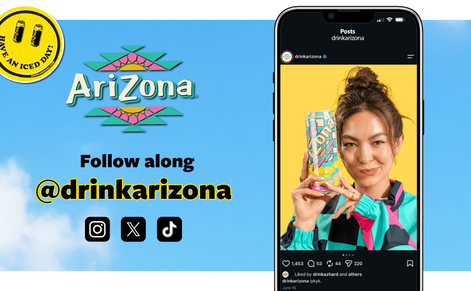 Blue sky with clouds and an AriZona logo and their instagram handle with an iphone model in it