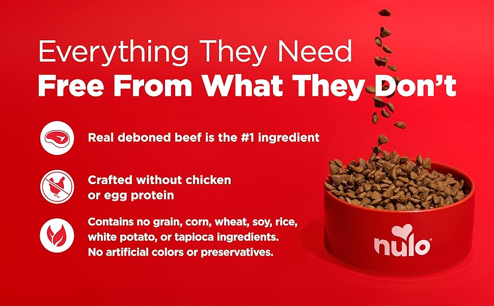 Bowl of dog kibble with benefits &amp; features callouts