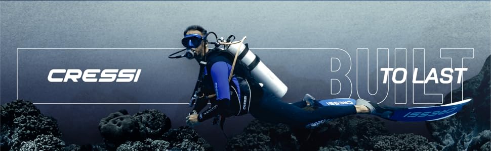 Diver with professional Cressi gear over a coral reef, featuring the slogan &amp;#34;Built to Last&amp;#34;.