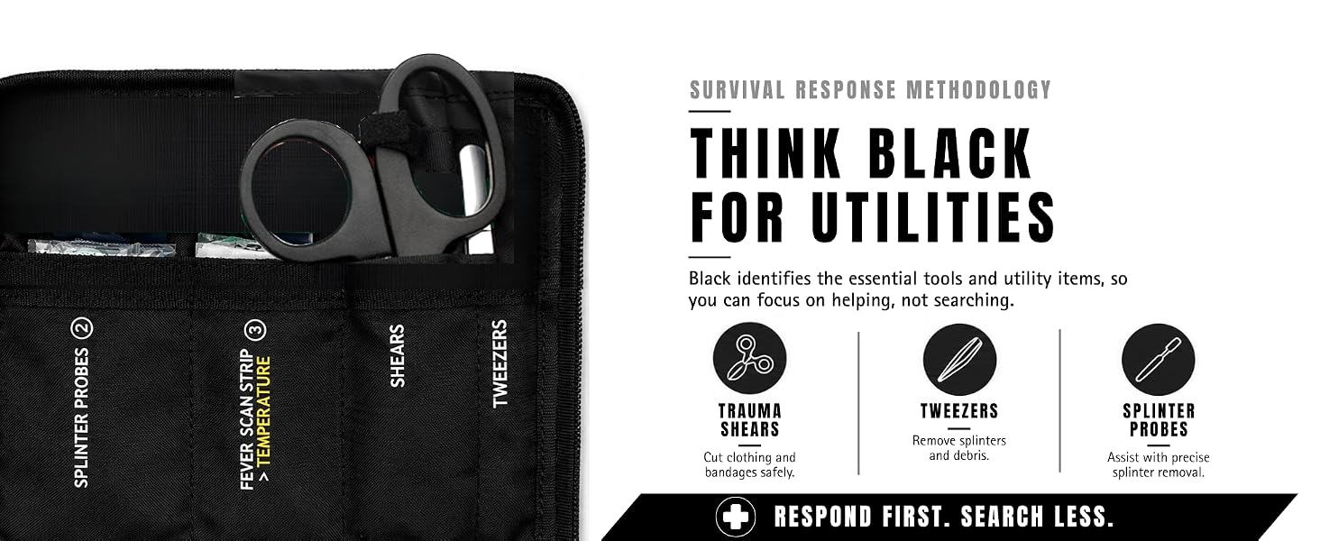 think black for utilities - essential tools like trauma shears, tweezers and splinter probes