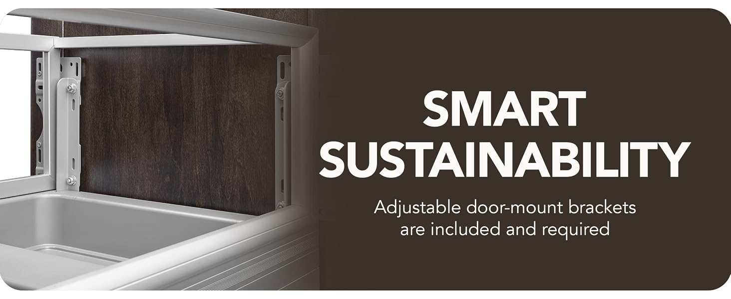 Close up lifestyle of Bottom Mount Pullout Waste Containers. Text reads: Smart Sustainability.