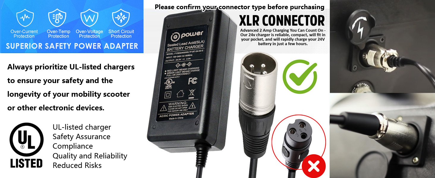 UL Listed SLA battery charger 24V 2A for Mobility Scooter Electric Chair