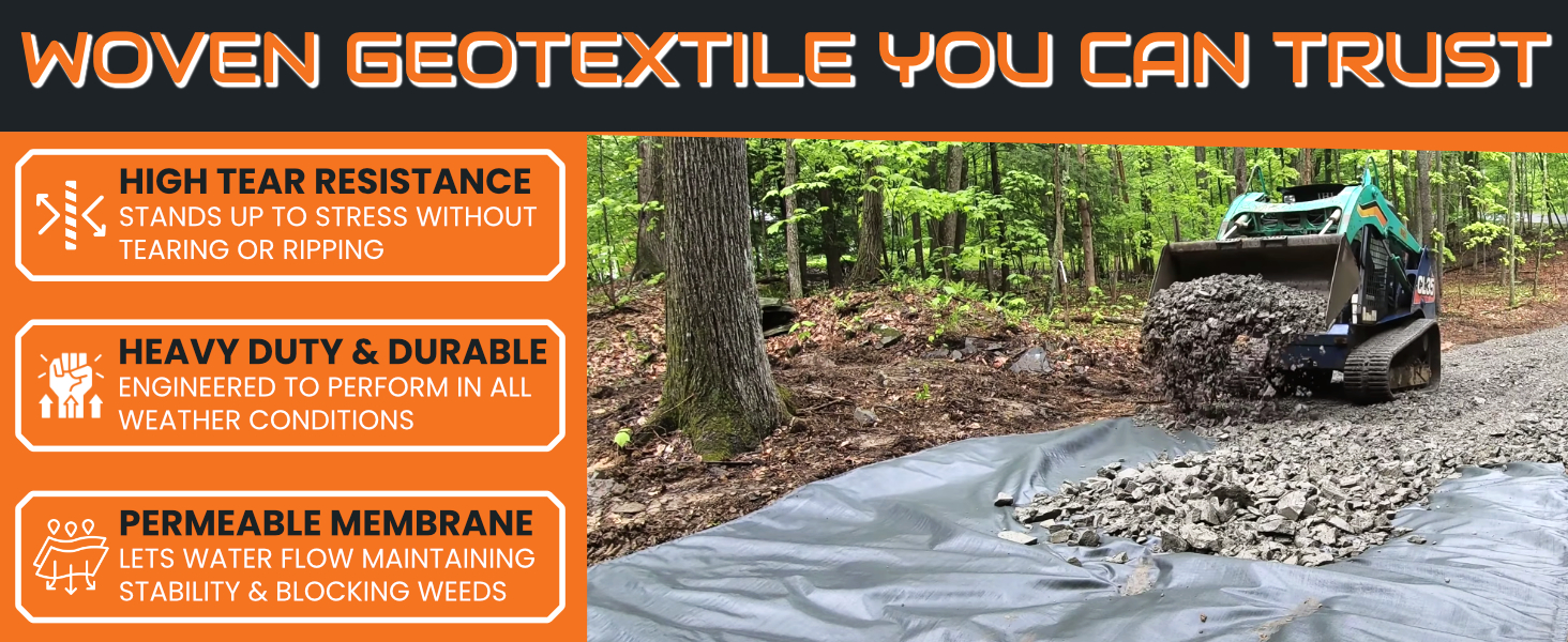 Durable tear-resistant geotextile fabric, permeable weed barrier for driveways and landscaping.