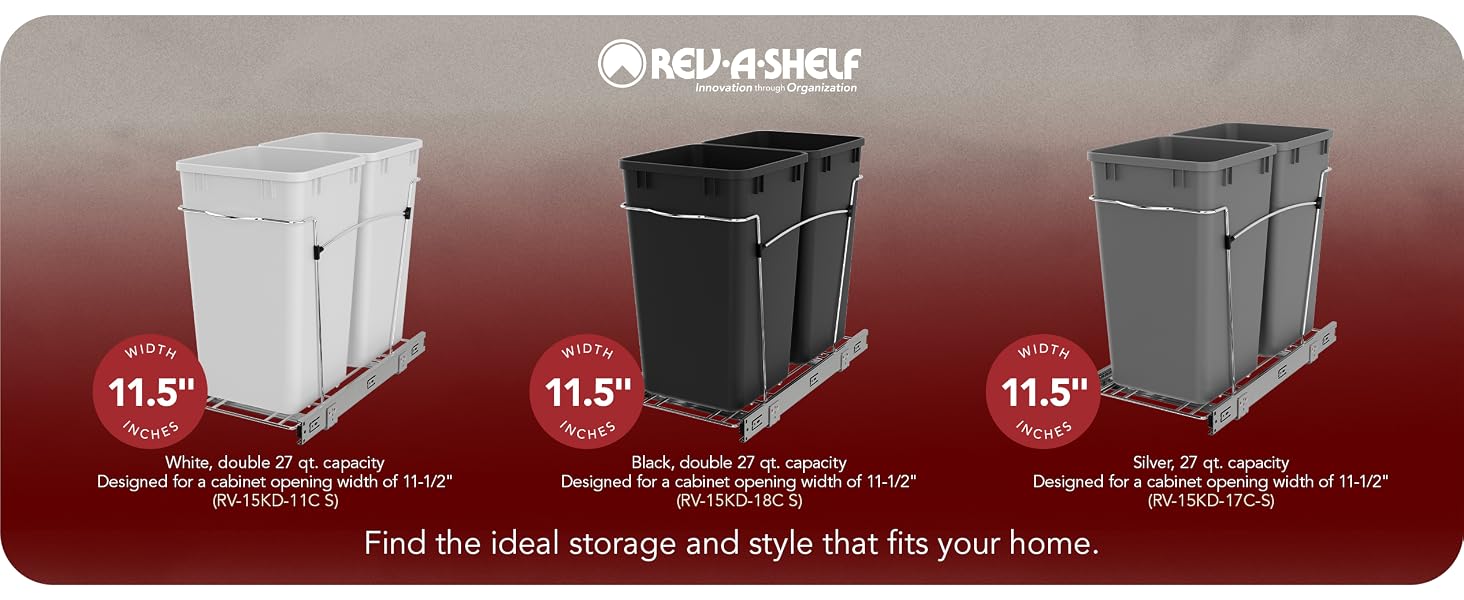 The different sizes and types of the Rev-A-Shelf under counter trash can system.