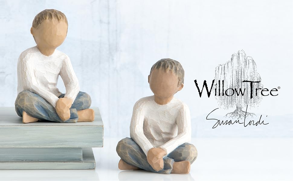 Willow Tree Imaginative Child, figures of a cross-leg seated boy with arms folded in lap.