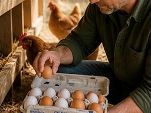farmer collecting eggs in a chicken coop using an egg carton