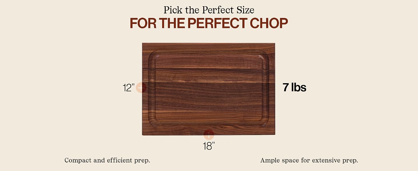 A wood chopping board with specifications. Text reads: Pick the perfect size for the perfect chop.