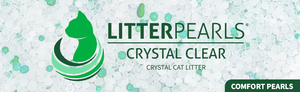 Litter Pearls Crystal Clear logo on top of clear and green litter pearls