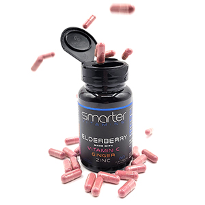 Smarter Elderberry Bottle with supplements surrounding the bottle on a white background