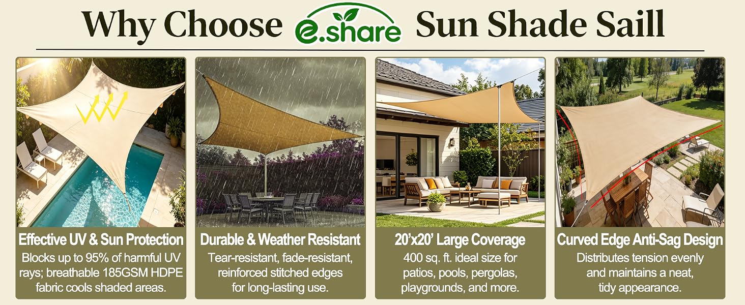 Why choose e.share: 185GSM HDPE, tear/fade/weather resistant,20x20ft large coverage,curved edge