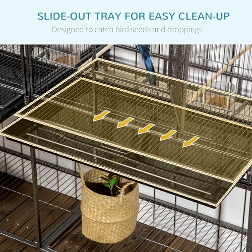 PawHut 65" Double Rolling Metal Bird Cage with Divider, Large Parrot Cage for Parakeet, Canaries, Lovebirds, Budgie, Finch