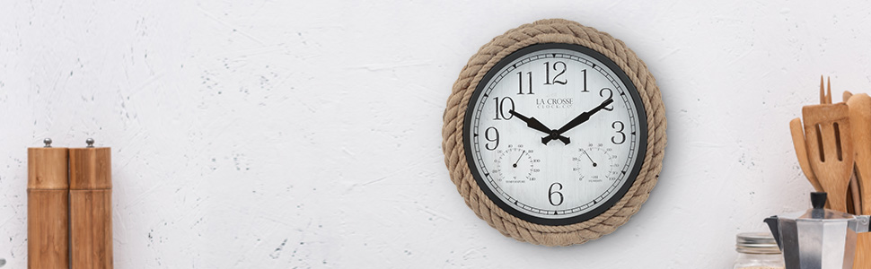 Lacrosse, la crosse, 433-3836, rope, quartz clock, time, 14” analog, 14 inch, wall clock, outdoor