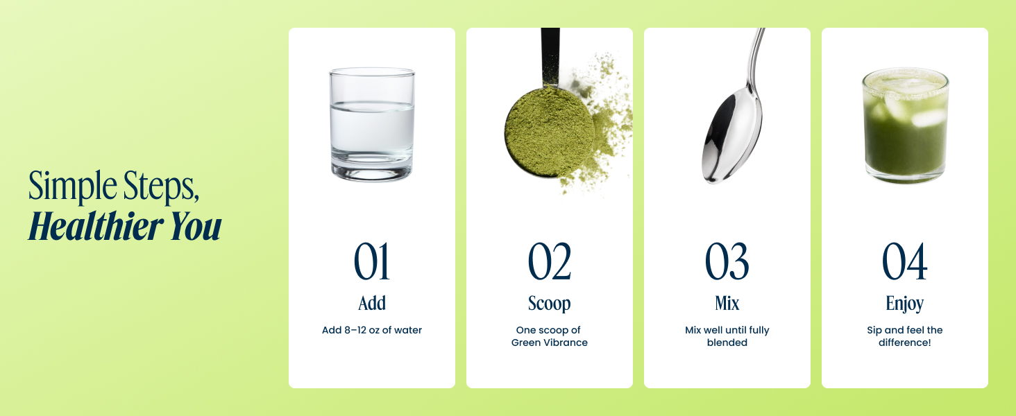 Simple steps, healthier you: water, scoop of GV, mix, enjoy