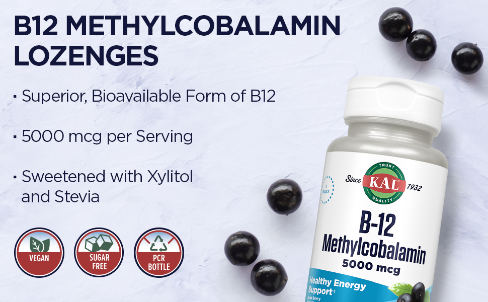 KAL B-12 Methylcobalamin 5000 mcg Lozenges Natural Acai Flavor 60 Lozenges